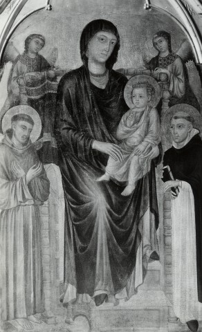 Anonimo — Cenni di Pepo (Cimabue) - e aiuti - sec. XIII-XIV - Madonna con Bambino in trono tra san Francesco d'Assisi, san Domenico e angeli — insieme